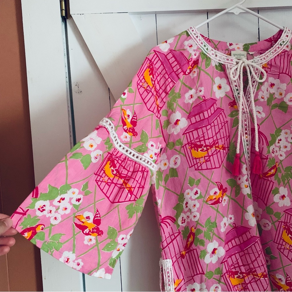 Boho Flowy Blouse Women 's Top Pink Bird Print Embroidered Hem Tassel Tie V-Neck - Picture 3 of 10